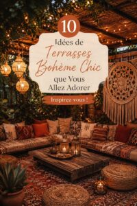 Terrasse bohème chic avec des coussins colorés et des plantes luxuriantes.