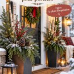 Jardinières colorées sur un porche d'hiver avec des plantes résistantes