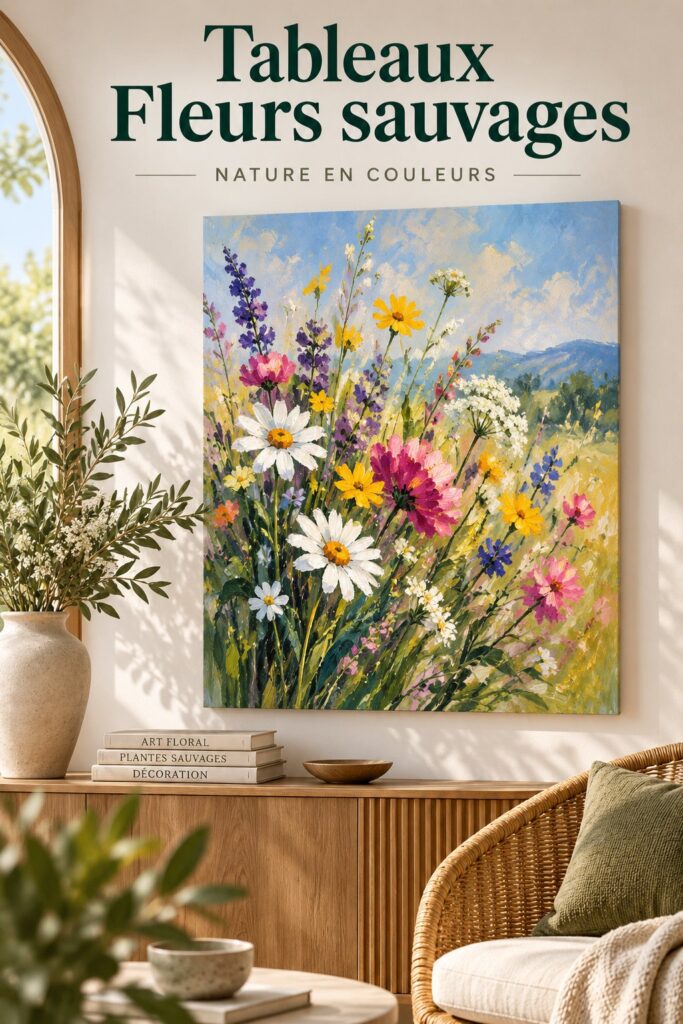 Tableau floral représentant des fleurs sauvages dans un cadre moderne, apportant une touche de nature à la décoration intérieure.