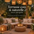 Une terrasse cosy sous une pergola avec des plantes et des coussins confortables