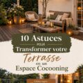 Terrasse aménagée avec des meubles confortables et des plantes décoratives, créant un espace cocooning.