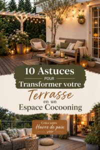 Terrasse aménagée avec des meubles confortables et des plantes décoratives, créant un espace cocooning.