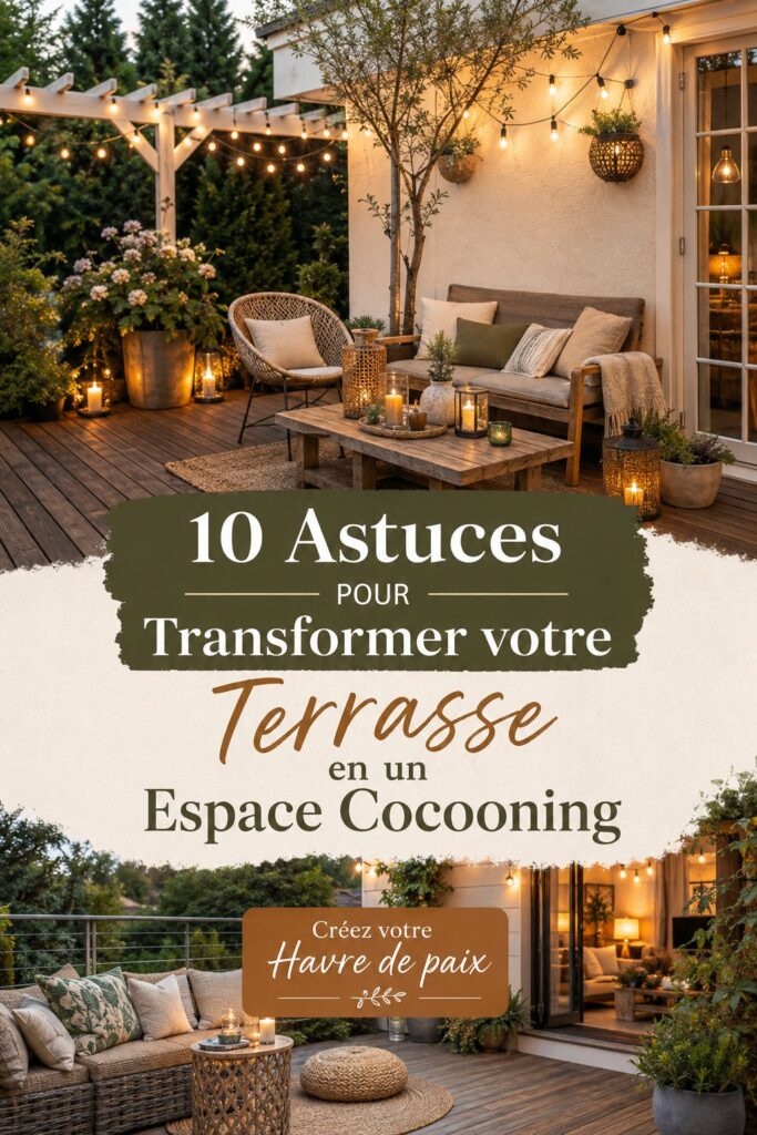 Terrasse aménagée avec des meubles confortables et des plantes décoratives, créant un espace cocooning.