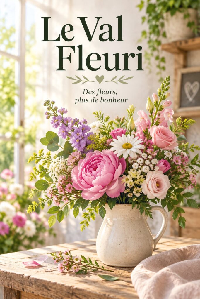 Vue d'un jardin fleuri inspirée du Val Fleuri avec diverses plantes colorées.