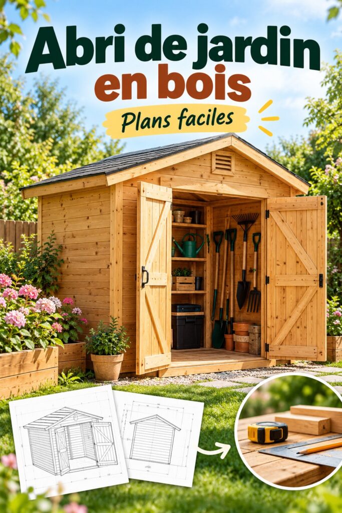 Abri de jardin en bois construit dans un jardin fleuri