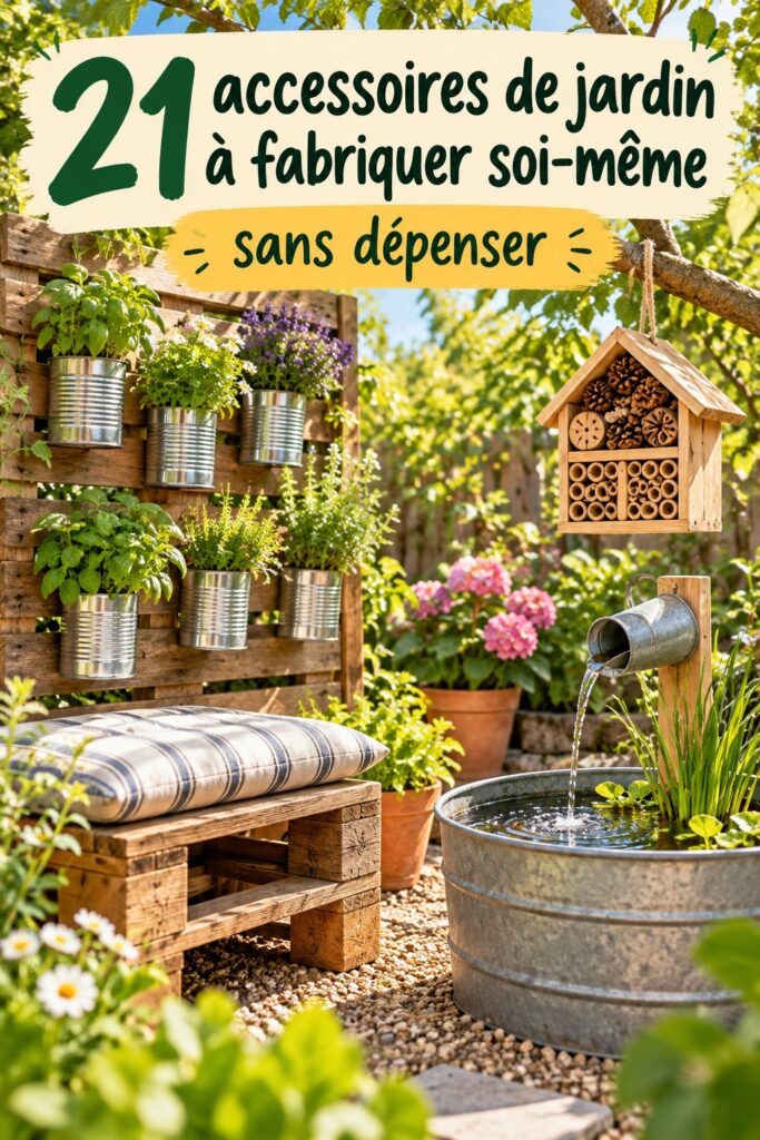 Accessoires de jardin colorés faits maison dans un jardin