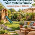 Un jardin familial accueillant avec des enfants jouant et des adultes se reposant.