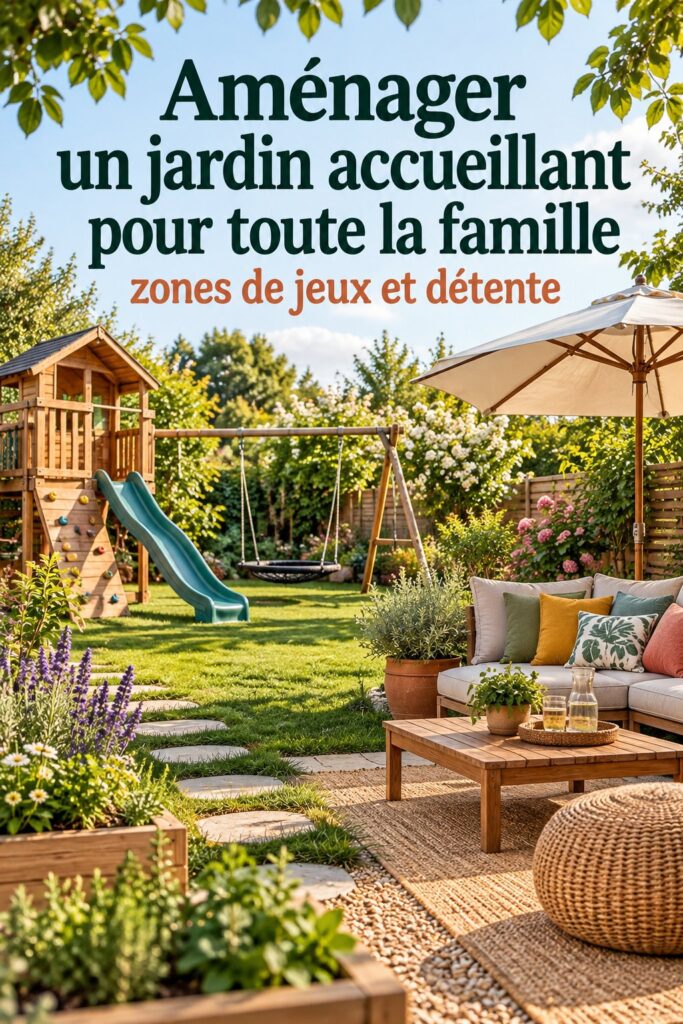 Un jardin familial accueillant avec des enfants jouant et des adultes se reposant.