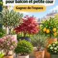 Un balcon décoré avec des arbres nains et des plantes colorées.