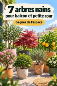 Un balcon décoré avec des arbres nains et des plantes colorées.