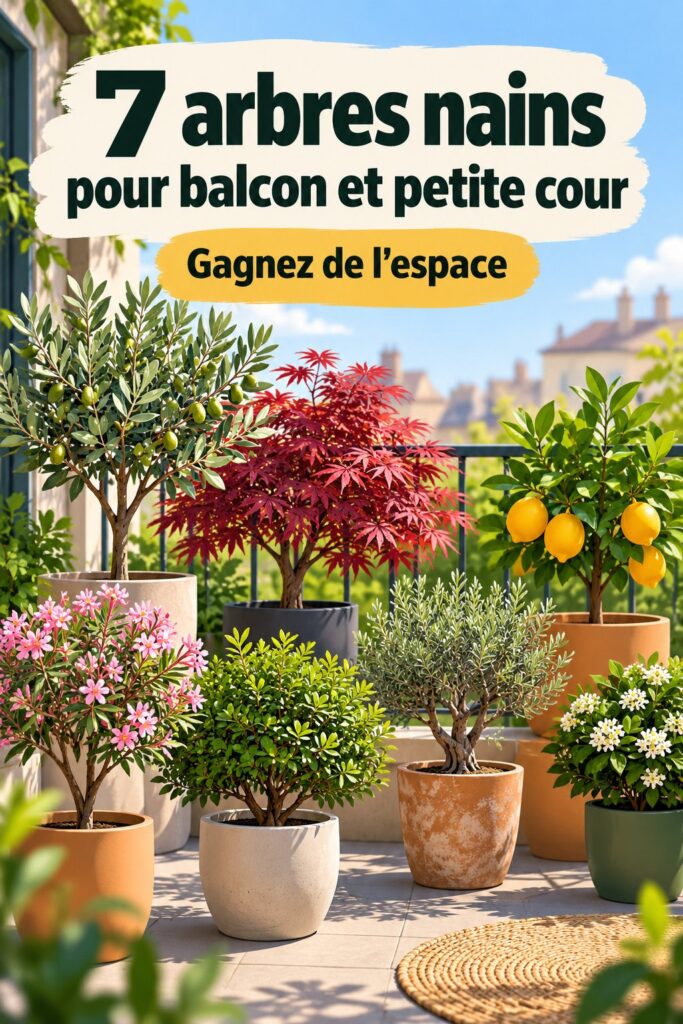 Un balcon décoré avec des arbres nains et des plantes colorées.