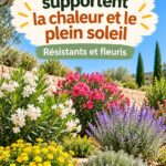 Un jardin luxuriant avec des arbustes colorés exposés plein sud sous un soleil éclatant
