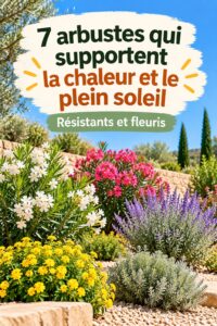 Un jardin luxuriant avec des arbustes colorés exposés plein sud sous un soleil éclatant