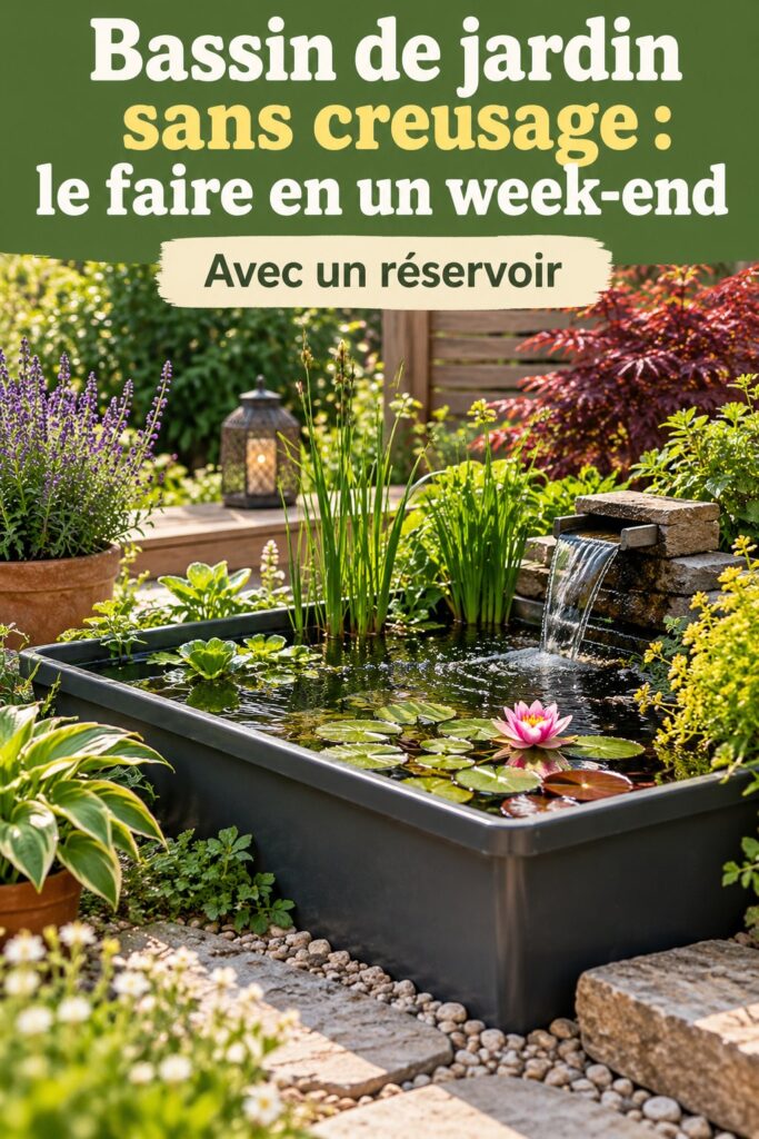 Bassin de jardin créatif sans creusage, avec plantes aquatiques et déco extérieure