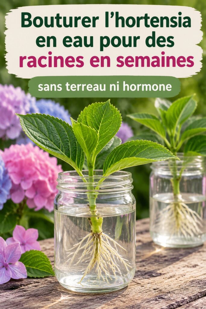 Boutures d'hortensias dans un vase d'eau avec racines visibles