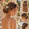 Coiffure de mariage d'été avec des vagues romantiques et des fleurs fleuries.
