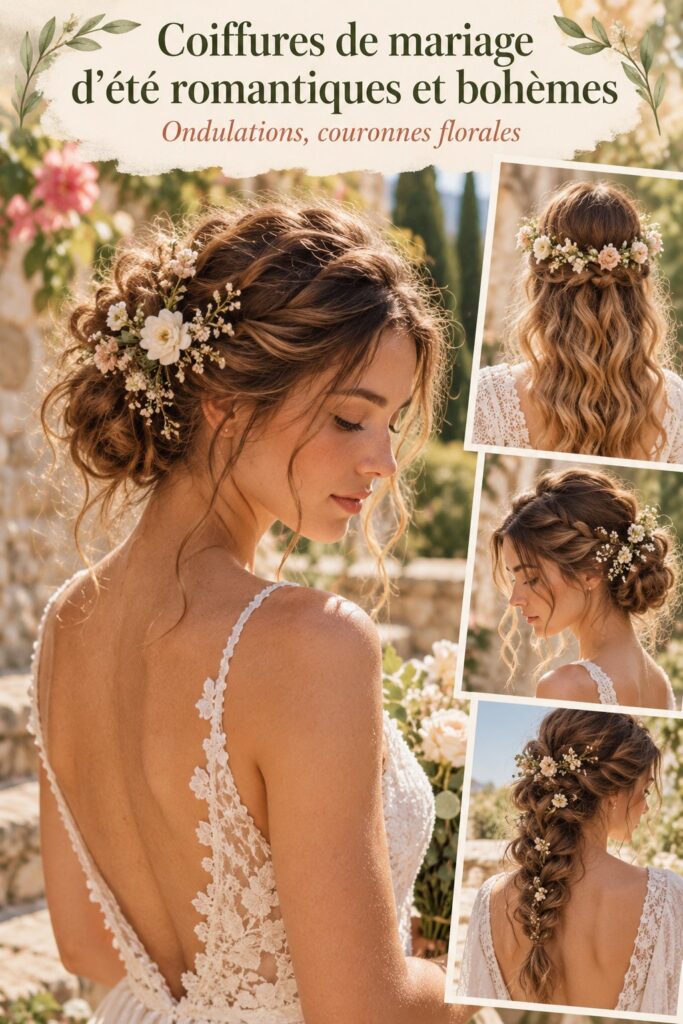 Coiffure de mariage d'été avec des vagues romantiques et des fleurs fleuries.