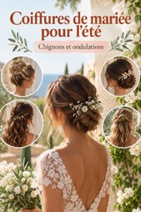 Coiffure élégante de mariée avec des ondulations florales, parfaite pour un mariage estival.