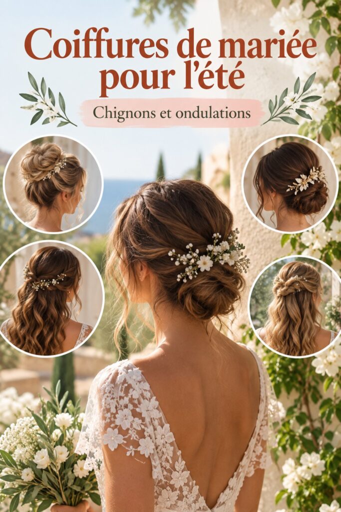 Coiffure élégante de mariée avec des ondulations florales, parfaite pour un mariage estival.