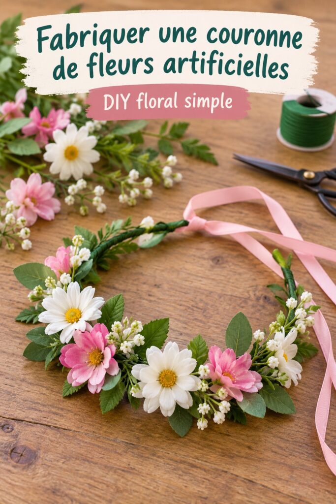 Couronne de fleurs artificielles colorées sur une table pour décoration