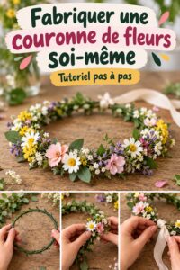 Couronne de fleurs DIY en roses et marguerites sur une table en bois