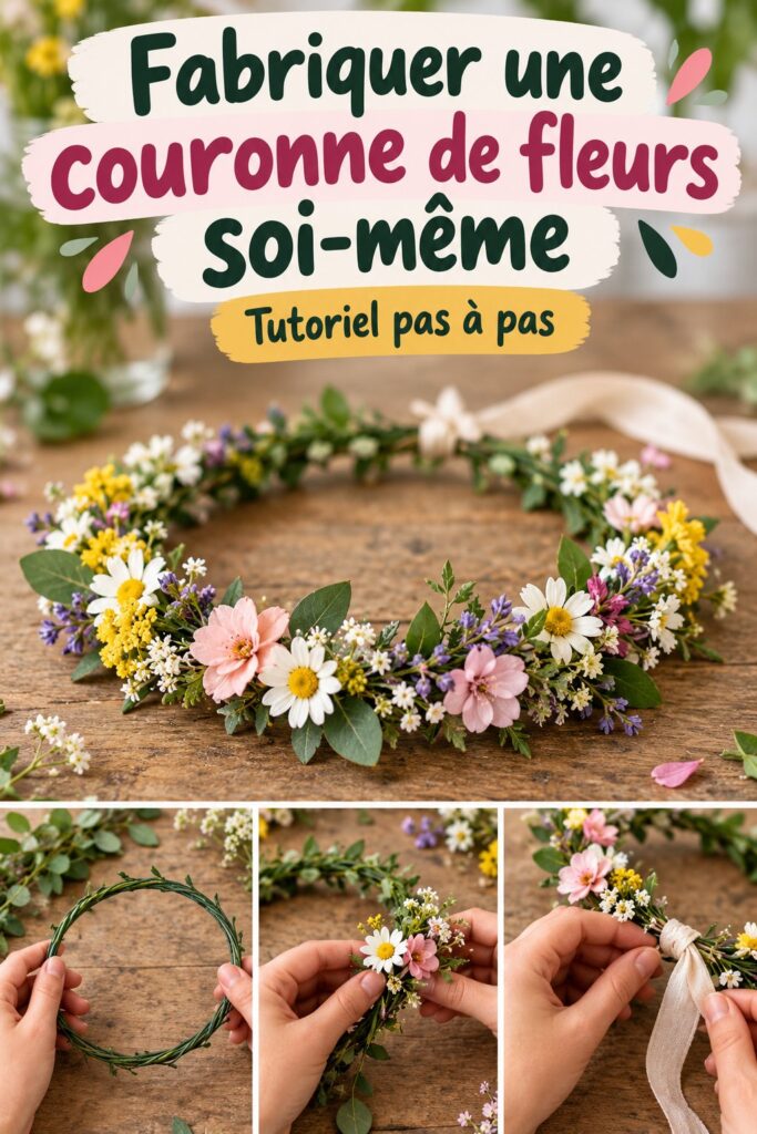 Couronne de fleurs DIY en roses et marguerites sur une table en bois