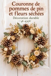 Une couronne de fleurs éternelles réalisée avec des pommes de pin sur une porte d'entrée