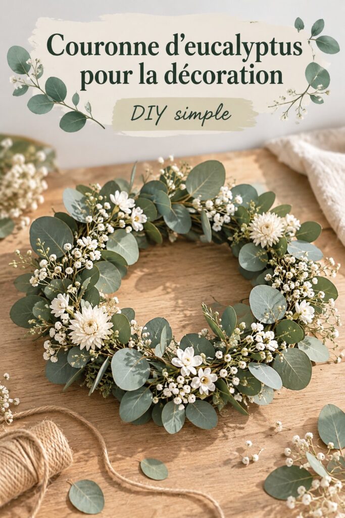 Couronne de fleurs en eucalyptus accrochée à une porte d'entrée, apportant une touche naturelle à la décoration intérieure.