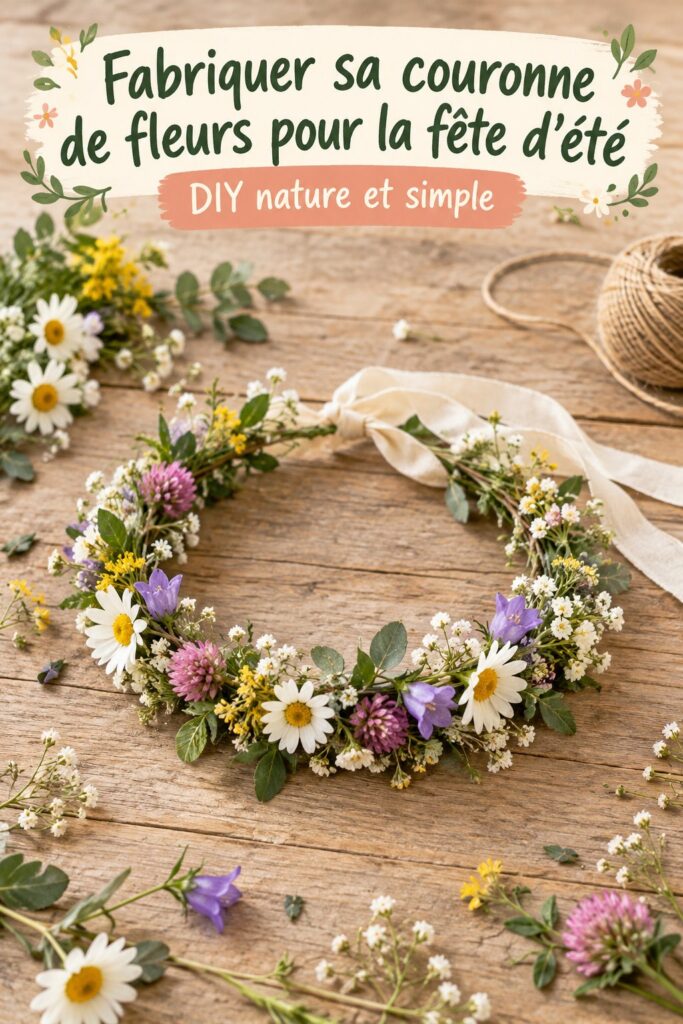 Couronne de fleurs colorées pour célébrer Midsommar dans un jardin en été.