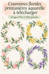 Une couronne de fleurs printanières en aquarelle montrant des feuilles et des fleurs colorées sur un fond blanc.