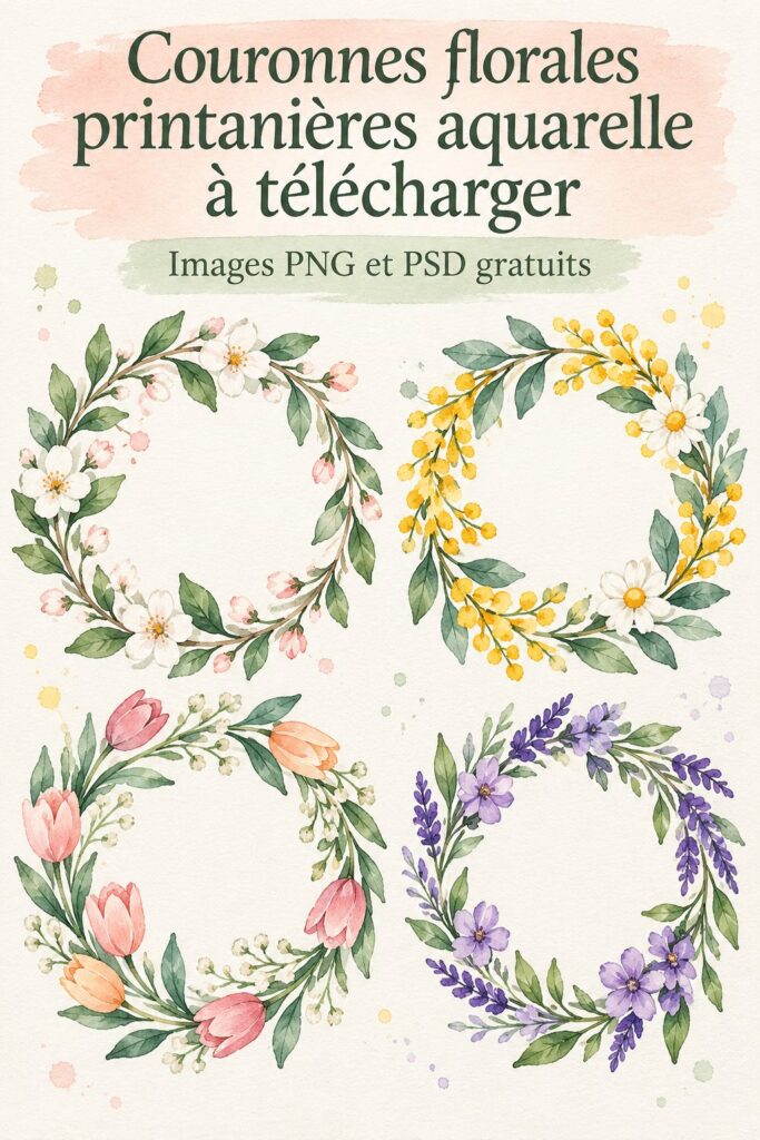 Une couronne de fleurs printanières en aquarelle montrant des feuilles et des fleurs colorées sur un fond blanc.