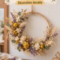 Couronne en fleurs séchées accrochée au mur, ajoutant une touche de nature
