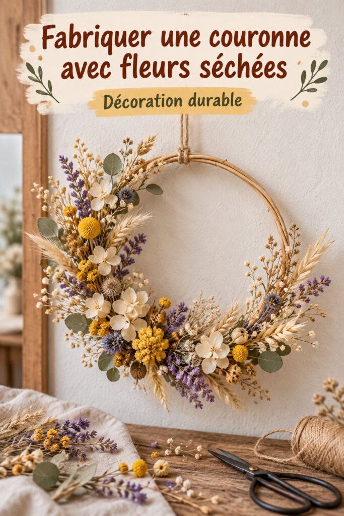Couronne en fleurs séchées accrochée au mur, ajoutant une touche de nature