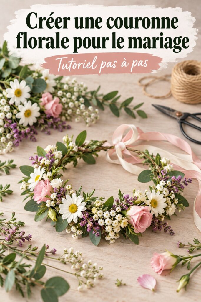 Couronne florale colorée et éclatante décorant une coiffure de mariage