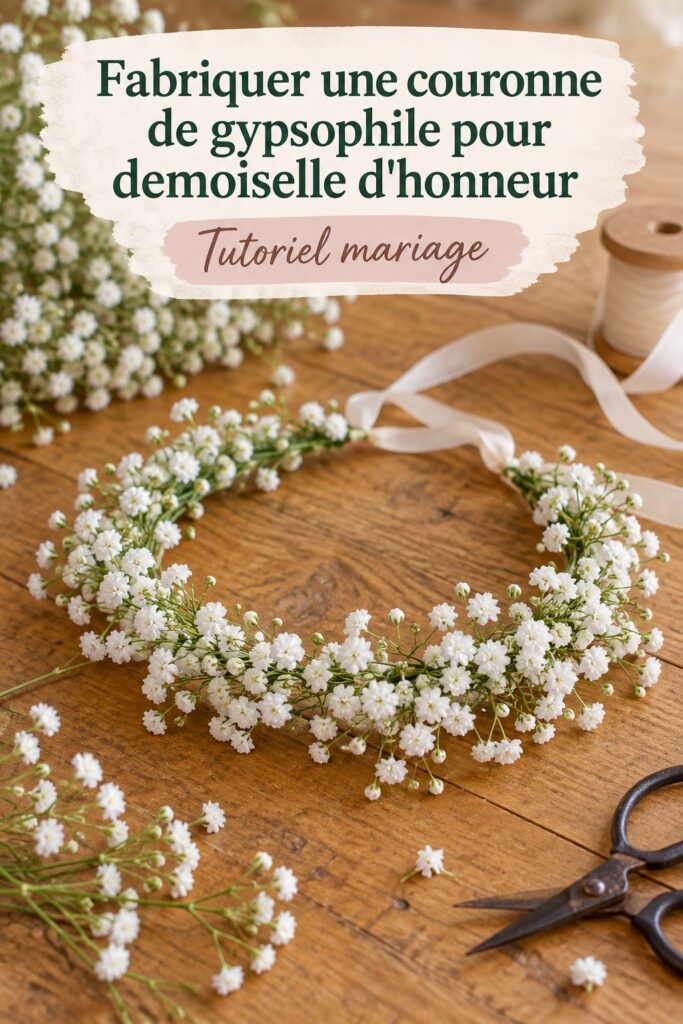 Couronne de gypsophiles réalisée pour un mariage, mettant en avant des fleurs blanches délicates.