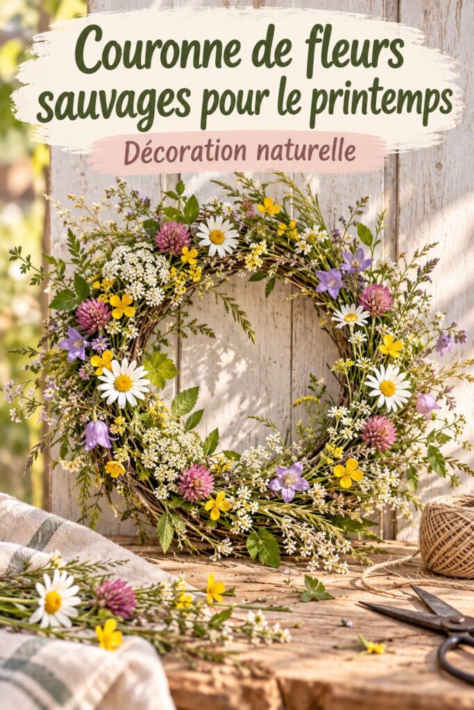 Couronne printanière décorée de fleurs sauvages colorées