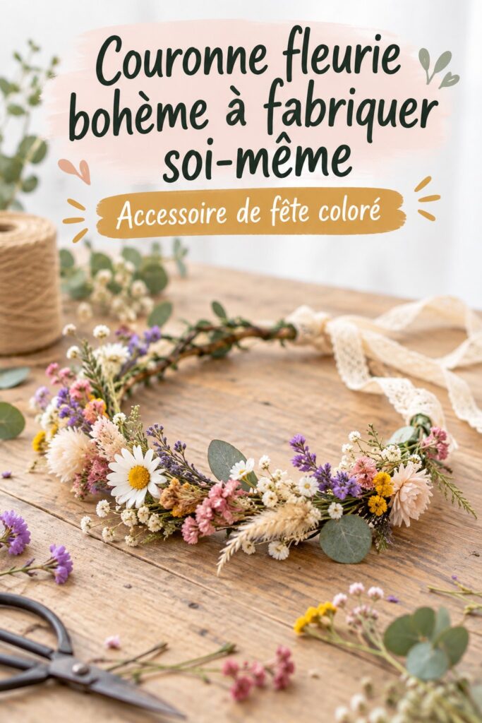 Couronne de fleurs colorées sur une table en extérieur
