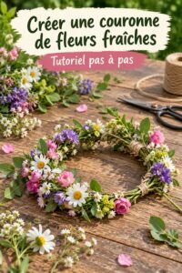 Couronne de fleurs faites main avec des fleurs colorées dans un jardin