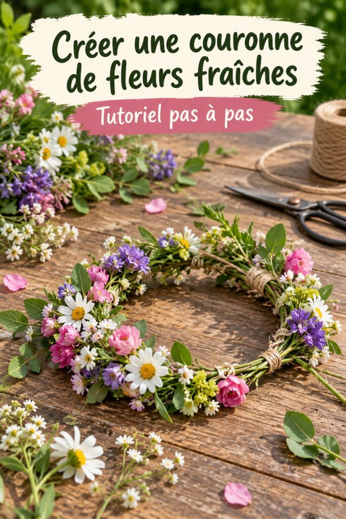 Couronne de fleurs faites main avec des fleurs colorées dans un jardin