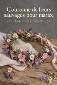 Couronne de fleurs colorées pour un mariage champêtre avec des roses et des fleurs des champs.