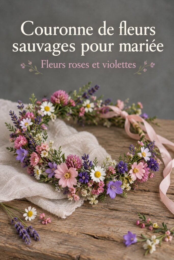 Couronne de fleurs colorées pour un mariage champêtre avec des roses et des fleurs des champs.