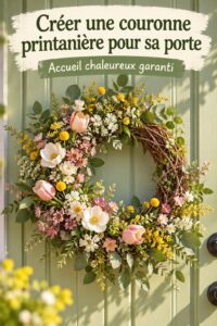 Couronne printanière colorée accrochée à une porte d'entrée