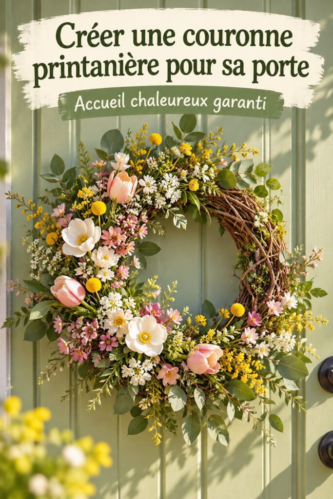 Couronne printanière colorée accrochée à une porte d'entrée