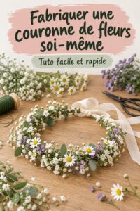 Une belle couronne de fleurs colorées disposée sur une table en extérieur.