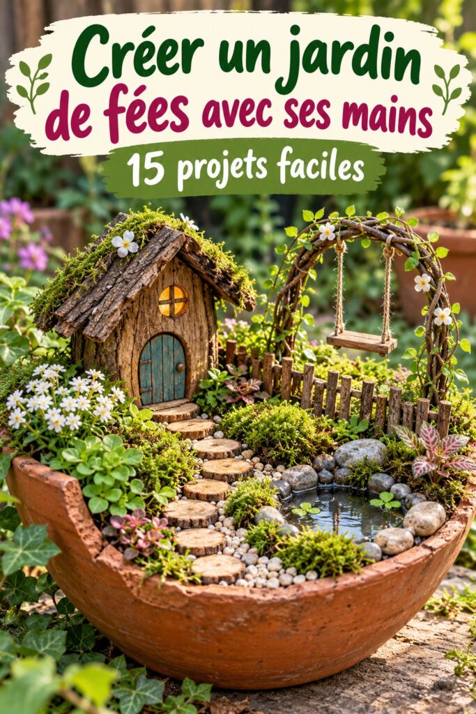 Un jardin de fées coloré avec des figurines et des fleurs épanouies