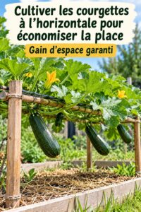 Un jardin vertical avec des courgettes poussant sur un treillis, illustrant l'économie d'espace en jardinage.