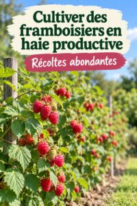 Haie de framboisiers en pleine croissance dans un jardin ensoleillé