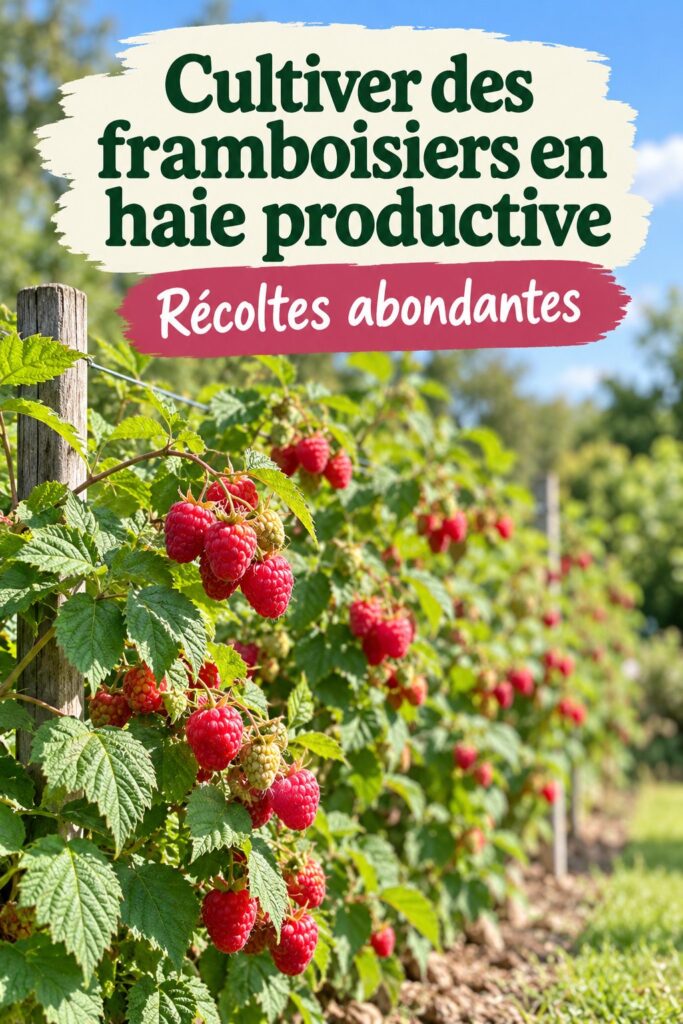 Haie de framboisiers en pleine croissance dans un jardin ensoleillé