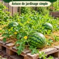 Pastèque récoltée sur une palette en bois dans un jardin.