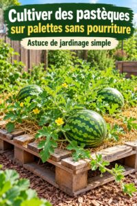 Pastèque récoltée sur une palette en bois dans un jardin.